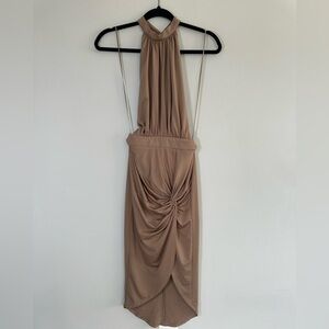 Miss Avenue Taupe Ruched Halter Dress Size Small Y2K Goddesscore Sexy Draped